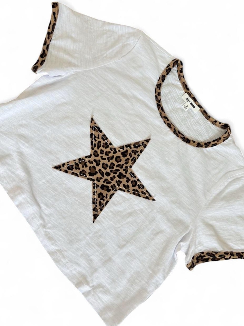 White Tee with Leopard Star Accent - Casual Short Sleeve